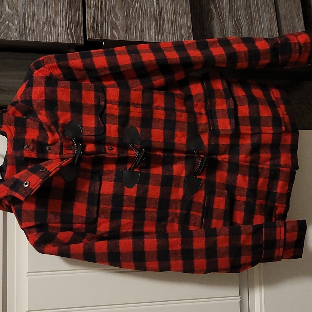 Small womens flannel jacket. Red and black.  Brand is Love Tree